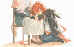 1girl 1other absurdres animal_ears arknights black_gloves black_jacket black_shoes brown_shoes chair chinese_commentary closed_eyes commentary_request covered_mouth crownslayer_(arknights) dopperu_ben flower gloves hair_between_eyes hair_ornament hairclip hand_on_another&#039;s_head headpat highres holding holding_flower jacket leaning leaning_on_person no_socks on_chair open_clothes open_jacket orange_hair shoes short_hair simple_background sitting sleeping tail unzipped white_background white_flower zipper