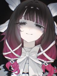 1girl black_background black_hair blunt_bangs bow colored_tips columbina_(genshin_impact) empty_eyes eyelashes feathered_wings fur_collar genshin_impact gradient_hair hair_ribbon head_wings highres large_bow looking_at_viewer miiilkfoam multicolored_hair pink_hair portrait ribbon shaded_face smile solo tress_ribbon white_bow white_ribbon white_wings wings