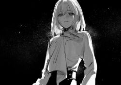1girl bang_dream! bang_dream!_it&#039;s_mygo!!!!! blush chinese_commentary commentary_request cracy_logan greyscale medium_hair misumi_uika monochrome open_mouth outdoors shirt solo star_(sky) starry_sky_background sweatdrop