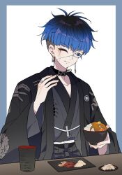 black_hair blue_border blue_hair border bridge_piercing chopsticks closed_eyes closed_mouth cup earrings eating eyepatch face_piercing food_request highres holding holding_chopsticks japanese_clothes jewelry lip_piercing multicolored_hair omokage_yugamu one_eye_covered piercing rice table the_hundred_line_-last_defense_academy- white_background wooden_table
