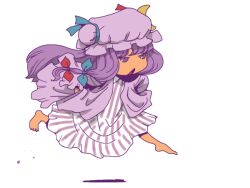 Rule 34 | 1girl, barefoot, blue bow, blunt bangs, bow, bun cover, coat, commentary request, crescent, crescent hat ornament, dress, full body, hair bow, hat, hat ornament, long hair, long sleeves, looking afar, mob cap, multiple hair bows, onikobe rin, open mouth, patchouli knowledge, pink hat, purple coat, purple dress, purple eyes, purple hair, red bow, running, simple background, solo, striped clothes, striped dress, touhou, vertical-striped clothes, vertical-striped dress, white background, white dress