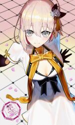 1girl ahoge black_bow black_gloves blonde_hair bow breasts cleavage cleavage_cutout clothing_cutout dress fate/grand_order fate_(series) flower gloves grey_eyes hair_bow hair_flower hair_ornament highres kabosoi_mangaka large_breasts looking_at_viewer okita_souji_(fate) okita_souji_(fgo_fes._2025)_(fate) short_hair short_sleeves smile solo white_dress