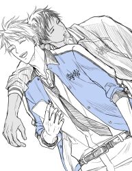 2boys ^_^ a_jou aomine_daiki arm_on_another&#039;s_shoulder arm_up belt belt_buckle buckle cellphone closed_eyes collared_jacket collared_shirt commentary_request cowboy_shot dark-skinned_male dark_skin drinking_straw drinking_straw_in_mouth fingernails highres holding holding_phone jacket juice_box kise_ryouta kuroko_no_basuke looking_to_the_side male_focus multiple_boys necktie open_collar open_mouth pants phone shirt shirt_tucked_in short_hair sideways_glance simple_background sketch spot_color teeth tongue upper_teeth_only watch white_background wing_collar wristwatch