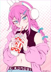 1girl absurdres animal_ear_headphones animal_ears aqua_bow aubrey_(birthday)_(omori) aubrey_(faraway)_(omori) aubrey_(omori) black_shirt blue_eyes blue_nails blue_pants blush bow braid chromatic_aberration clothes_writing commentary_request copyright_name crop_top cropped_shirt cup disposable_cup double-parted_bangs drinking drinking_straw fake_animal_ears hair_between_eyes hair_bow hair_ornament halftone halftone_background head_tilt headphones highres holding holding_cup jacket jacket_partially_removed long_hair long_sleeves midriff multicolored_nails nail_polish navel no_sclera official_alternate_costume official_alternate_hairstyle omori open_clothes open_jacket pants pink_hair pink_jacket pink_nails puffy_long_sleeves puffy_sleeves rabbit_ear_headphones sengokutoroya shirt shoulder_blush sidelocks simple_background single_bare_shoulder sleeveless sleeveless_shirt solo star_(symbol) twin_braids twitter_username two-tone_background upper_body white_background white_nails