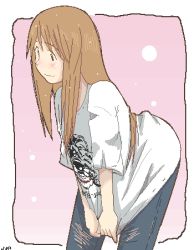 1girl ayase_asagi blush_stickers border brown_hair denim female_focus gradient_background jeans leaning_forward long_hair lowres niea oekaki pants shirt simple_background solo t-shirt white_border yotsubato!