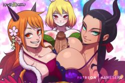 Rule 34 | 1boy, 3girls, armor, beast pirates uniform, bikini armor, black hair, blonde hair, breasts, cape, carrot (one piece), cooperative paizuri, horns, kameseru, large breasts, multiple girls, nami (one piece), nami (one piece) (onigashima), nico robin, nico robin (onigashima), one piece, orange hair, paizuri, penis, rabbit ears, teamwork (sexual), uncensored, veins, veiny penis