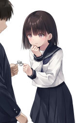 Rule 34 | 1boy, 1girl, black hair, commentary request, gakuran, hand on own chin, hand on own face, highres, holding, light blush, long sleeves, looking at another, medium skirt, na-ga, no eyes, original, pleated skirt, puzzle, school uniform, serafuku, simple background, skirt, solo focus, wavy mouth, white background