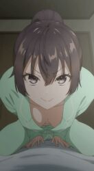 1girl 2024 20s ahoge animated animated_gif anime_screenshot black_hair blush breasts cleavage collarbone downblouse extended_downblouse good_morning_my_brother_(meme) green_pajamas grey_eyes hair_between_eyes hanging_breasts indoors leaning_forward long_hair long_sleeves looking_at_viewer medium_breasts no_bra pajamas ponytail pov sidelocks smile suou_yuki tagme tokidoki_bosotto_roshia-go_de_dereru_tonari_no_alya-san
