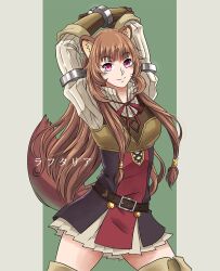 1girl animal_ears apoloniodraws armor armored_gloves arms_up belt black_dress blunt_bangs boots breastplate breasts brown_belt brown_boots brown_gloves brown_hair character_name closed_mouth collared_dress commentary cowboy_shot dress elbow_gloves english_commentary gloves green_background high_collar layered_dress long_hair long_sleeves looking_at_viewer medium_breasts metal_arm_cuffs metal_hair_tubes metal_wrist_cuffs neck_ribbon raccoon_ears raccoon_girl raccoon_tail raphtalia red_dress red_eyes red_ribbon ribbon short_dress sleeveless sleeveless_dress smile solo striped_clothes striped_dress tail tate_no_yuusha_no_nariagari thigh_boots translated two-tone_background two-tone_dress vertical-striped_clothes vertical-striped_dress white_background white_dress