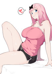 1girl absurdres arm_support bare_arms bare_shoulders bed_sheet black_bow black_shoes blue_eyes bow breasts closed_mouth dolphin_shorts fujiwara_chika hair_bow heart highres kaguya-sama_wa_kokurasetai_~tensai-tachi_no_renai_zunousen~ knee_up large_breasts long_hair looking_at_viewer pink_hair pink_tank_top re:ankh shoes shorts simple_background sitting solo spoken_heart tank_top thighs white_background
