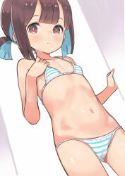 1girl absurdres bikini blue_hair breasts brown_eyes brown_hair closed_mouth collarbone commentary highres hozuki_momiji loli looking_at_viewer micro_bikini monomono multicolored_hair navel onii-chan_wa_oshimai! ribs small_breasts smile solo split_mouth stomach striped_bikini striped_clothes swimsuit two-tone_hair