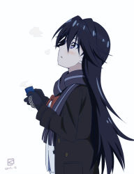 1girl artist_logo black_hair blush can coat dated female_focus gloves kueru kuroki_rei logo long_hair looking_up miyahara_takuya purple_eyes scarf school_uniform simple_background solo vividred_operation white_background