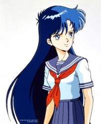 1990s_(style) 1girl asou_yuuko blue_eyes blue_hair female_focus game long_hair matching_hair/eyes mugen_senshi_valis nec official_art pc_engine pleated_skirt retro_artstyle school_uniform serafuku simple_background skirt solo telenet_japan valis very_long_hair white_background