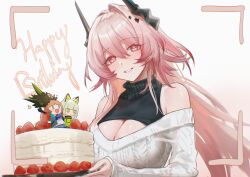 1other 3girls absurdres alternate_costume amiya_(arknights) arknights bare_shoulders black_horns blush breasts cake cleavage cleavage_cutout clothing_cutout commentary_request english_text food fruit hair_between_eyes happy_birthday head_tilt highres holding holding_cake holding_food horns kal&#039;tsit_(arknights) large_breasts long_hair looking_at_viewer mon3tr_(arknights) mon3tr_(summon)_(arknights) multiple_girls off-shoulder_sweater off_shoulder pink_eyes pink_hair sidelocks smile strawberry sweater symbol-shaped_pupils theresa_(arknights) uof upper_body white_sweater