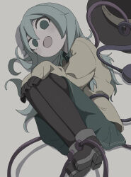 Rule 34 | 1girl, absurdres, alternate hair length, alternate hairstyle, black boots, black pantyhose, blank eyes, boots, full body, green eyes, green hair, green skirt, hair between eyes, hands on own knees, hat, highres, komeiji koishi, long hair, looking at viewer, lying, on side, open mouth, pantyhose, shirt, skirt, smile, solo, third eye, touhou, unworn hat, unworn headwear, uzou (uzooooooooo), very long sleeves, yellow shirt