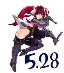 1girl armor bandage_on_cheek blue_eyes breasts bright_pupils covered_erect_nipples dated dual_wielding fighting_stance full_body gen&#039;en_(sioherashi) headpiece holding holding_knife horns huge_breasts knife kuu_fearse leg_armor leotard looking_at_viewer original red_hair shortstack skindentation solo sword thighhighs twintails weapon white_background white_pupils