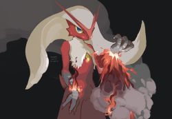 absurdres beak bird black_background blaziken blue_eyes colored_sclera cowboy_shot creatures_(company) fire game_freak gen_3_pokemon highres imoamaoimmoamim nintendo no_humans pokemon pokemon_(creature) smoke solo talons yellow_sclera