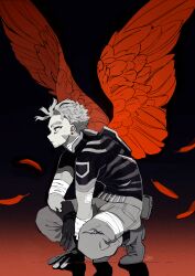 Rule 34 | 1boy, black background, boku no hero academia, closed mouth, earrings, full body, gauze on arm, gloves, gradient background, hawks (boku no hero academia), highres, horocca, jewelry, looking ahead, male focus, pants, partially colored, red wings, scar, scar on face, short hair, sitting, solo, wings