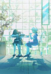 Rule 34 | 2girls, absurdres, black capelet, black shoes, black skirt, blonde hair, brown hair, capelet, chair, circle yomado, cup, dress, hat, hat on lap, highres, holding, holding cup, long sleeves, maribel hearn, medium hair, mob cap, multiple girls, on chair, plant, potted plant, purple dress, shirt, shoes, sitting, skirt, sleeping, socks, table, touhou, unworn hat, unworn headwear, usami renko, white shirt, white socks, window