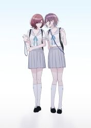 2girls absurdres asakura_toru backpack bag black_shoes blue_eyes blue_ribbon brown_hair cellphone colored_tips earrings grey_sailor_collar hair_between_eyes highres higuchi_madoka holding holding_phone idolmaster idolmaster_shiny_colors jewelry kakemi kneehighs midriff_peek multicolored_hair multiple_girls neck_ribbon open_mouth phone purple_eyes purple_hair ribbon sailor_collar school_uniform serafuku shirt shoes short_hair simple_background smartphone socks white_background white_shirt white_socks