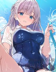 1girl aqua_eyes blue_one-piece_swimsuit blue_sky blush breasts collared_shirt commentary_request covered_navel cutlass_(classic_chocolate) from_below grey_hair hair_ribbon hand_up highres holding holding_hose hose large_breasts long_hair looking_at_viewer looking_down nekorindou one-piece_swimsuit original parted_lips poolside ribbon second-party_source see-through_clothes see-through_shirt shirt short_sleeves sky solo swimsuit twitter_username water wet wet_clothes white_ribbon white_shirt wing_collar