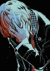 Rule 34 | 1boy, absurdres, black background, collared shirt, crying, fingernails, ghost gn8, hand on own face, highres, jacket, male focus, monochrome, narukami yu, open clothes, open jacket, persona, persona 4, shirt, short hair, simple background, solo, tears, upper body