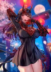 1girl aruma_jiki au_ra black_dress black_hair black_scales breasts commission dragon_girl dragon_horns dragon_tail dress final_fantasy final_fantasy_xiv full_moon gauntlets hime_cut horns lantern large_breasts long_hair looking_at_viewer moon open_mouth red_eyes skeb_commission tail torii warrior_of_light_(ff14)