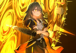 1girl absurdres baseball_bat black_background black_coat black_skirt coat commentary_request cowboy_shot crossed_arms gate_of_babylon_(fate) grey_hair grin hair_between_eyes highres honkai:_star_rail honkai_(series) lance long_hair nepenera polearm quill shirt skirt smile solo stelle_(honkai:_star_rail) trailblazer_(honkai:_star_rail) weapon white_shirt yellow_eyes