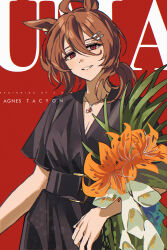 1girl agnes_tachyon_(umamusume) ahoge animal_ears belt black_dress breasts brown_hair calla_lily character_name cleavage dress earrings flower hair_between_eyes head_tilt highres holding holding_flower horse_ears horse_girl jewelry lily_(flower) long_hair looking_at_viewer medium_hair mogyus necklace orange_flower red_background red_eyes single_earring smile solo tiger_lily umamusume white_flower