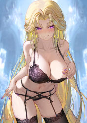 1girl absurdres adjusting_bra adjusting_clothes adjusting_panties bare_arms bare_shoulders black_garter_belt black_garter_straps black_panties black_thighhighs blonde_hair blush bra breasts cleavage collarbone garter_belt garter_straps highres lace lace-trimmed_bra lace_trim large_breasts long_hair looking_at_another navel original panties parted_bangs parted_lips purple_bra purple_eyes purple_nails saw272 smile solo stomach thighhighs underwear