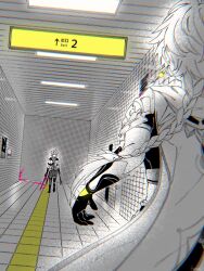 2boys absurdres aether_(genshin_impact) ahoge albedo_(genshin_impact) armor baggy_pants blood blood_on_ground blood_on_hands bloody_weapon boots braid closed_mouth floor full_body gauntlets genshin_impact gloves greyscale_with_colored_eyes hair_between_eyes hair_ornament hair_ribbon hallway highres holding holding_sword holding_weapon hood hoodie indoors kemono_j long_hair looking_at_another low-tied_long_hair mandarin_collar midriff multiple_boys open_clothes open_hoodie pants partially_colored pink_blood pink_eyes ribbon scarf shirt short_hair short_sleeves shoulder_armor single_braid standing subway_station sword the_exit_8 weapon