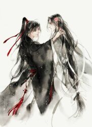 2boys black_eyes black_hair black_hanfu chinese_clothes closed_mouth eye_contact faux_traditional_media flower flute flute_tassel hair_flower hair_ornament hair_ribbon hand_on_another&#039;s_shoulder hanfu headband high_ponytail holding holding_flute holding_instrument ink_wash_painting instrument kcllzas163 lan_wangji light_particles long_hair long_sleeves looking_at_another low-tied_long_hair male_focus modao_zushi multiple_boys pink_flower ponytail red_ribbon ribbon robe simple_background smile tassel third-party_source very_long_hair wei_wuxian white_background white_hanfu white_headband white_ribbon wide_sleeves yaoi