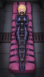1girl arms_across_body arms_under_breasts bdsm belt belt_buckle blonde_hair bodysuit bound bound_arms bound_legs breasts buckle collar cross-laced_clothes evelyn_chevalier full_body gag gagged highres immobilization latex latex_bodysuit lying medium_breasts on_back plug_gag purple_eyes sleepsack solo straitjacket yayu_(user_ykug3338) zenless_zone_zero zipper