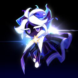 Rule 34 | 1boy, antenna hair, artist name, bad id, bad twitter id, black background, black bodysuit, black cape, black skin, blue hair, bodysuit, brooch, cape, closed mouth, colored eyelashes, colored skin, cookie run, cookie run: kingdom, full body, highres, inactive account, jewelry, jitome, knees apart feet together, looking at viewer, male focus, multicolored hair, no eyebrows, no pupils, parted bangs, purple eyes, rn9j, shoes, short hair, simple background, solo, sparkle, star brooch, stardust cookie, two-tone hair, white eyelashes, white hair, white shoes