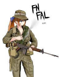 1girl aninju6657 australian_army battle_rifle blood blood_on_face blue_eyes boonie_hat brown_hair character_name cigarette fal_(girls&#039;_frontline) ferret fn_fal girls&#039;_frontline gun hat highres korean_commentary long_hair military military_hat military_uniform rifle smoking solo vietnam_war weapon