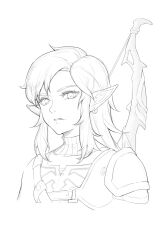 1boy absurdres armor bow_(weapon) chinese_commentary commentary_request cropped_shoulders earrings greyscale highres jewelry lineart link looking_at_viewer male_focus medium_hair monochrome nintendo parted_lips pointy_ears shoulder_armor sidelocks simple_background solo swept_bangs the_legend_of_zelda the_legend_of_zelda:_tears_of_the_kingdom tianqing_zhaoxue turtleneck weapon white_background
