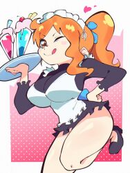 1girl ;q apron back_ribbon bare_legs black_dress black_shoes blue_ribbon blush_stickers border breasts chrono_08 closed_mouth commentary dress drinking_straw english_commentary foot_out_of_frame foot_up frilled_apron frilled_dress frills hair_ribbon hairband hand_on_own_hip heart high_ponytail highres holding holding_plate large_breasts long_hair long_sleeves looking_at_viewer maid maid_apron maid_headdress nami_(one_piece) official_alternate_costume official_alternate_hairstyle one_eye_closed one_piece orange_eyes orange_hair outside_border plate ponytail ribbon shoes short_dress single_sidelock smile solo thighs tongue tongue_out turtleneck turtleneck_dress wavy_hair white_apron white_border white_hairband