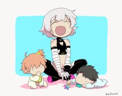 ._. 1boy 2girls :d ^_^ aged_down asaya_minoru bandaged_arm bandages bare_shoulders bib black_footwear black_gloves black_legwear black_shirt blue_background blue_jumpsuit boots brown_hair closed_eyes crossed_ankles facial_scar facing_viewer fate/grand_order fate_(series) fujimaru_ritsuka_(female) fujimaru_ritsuka_(male) gloves grey_background hair_ornament hair_scrunchie jack_the_ripper_(fate/apocrypha) jumpsuit lying multiple_girls navel on_stomach one_side_up open_mouth scar scar_across_eye scar_on_cheek scar_on_face scrunchie shadow shirt silver_hair single_glove sitting sleeveless sleeveless_shirt smile star_(symbol) thigh_boots thighhighs toddler twitter_username two-tone_background white_jumpsuit yellow_scrunchie