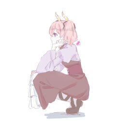 1girl black_bow black_shoes bow brown_dress brown_hair closed_mouth demon_horns dress grey_pantyhose hair_between_eyes hair_bow hand_up highres horns juliet_sleeves linie_(sousou_no_frieren) long_sleeves pantyhose puffy_sleeves purple_eyes purple_shirt seila_rei shadow shirt shoes simple_background solo sousou_no_frieren squatting twintails white_background wide_sleeves