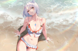 Rule 34 | 1girl, absurdres, animal ears, beach, bikini, breasts, cat ears, cat girl, chest jewel, evan (pixiv7510743), frilled bikini, frills, grey hair, highres, looking at viewer, mio (xenoblade), outdoors, short hair, solo, swimsuit, xenoblade chronicles (series), xenoblade chronicles 3, yellow eyes