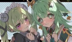 2girls absurdres ahoge animal_bag animal_ears bear_bag corin_wickes cuffs fox_ears fox_girl green_eyes green_hair hair_between_eyes hands_up highres honkai:_star_rail honkai_(series) huohuo_(honkai:_star_rail) long_hair long_sleeves looking_at_viewer maid maid_headdress moderate_gold multiple_girls paw-shaped_pupils polka_dot polka_dot_background purple_eyes screw_hair_ornament simple_background symbol-shaped_pupils twintails yin_yang_hair_ornament zenless_zone_zero zhuang_hat