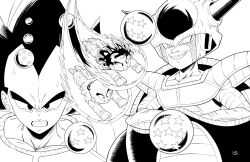 Rule 34 | 4boys, angry, aura, bald, bald male, black eyes, black hair, dragon ball, dragon ball (object), flying, frieza, horns, kuririn, multiple boys, nervous sweating, saiyan armor, smug, son gohan, space pod, sweat, vegeta, white background