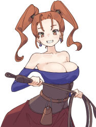 Rule 34 | 1girl, breasts, cleavage, dragon quest, dragon quest viii, earrings, highres, jessica albert, jewelry, large breasts, ooiwa (irc14786149), orange hair, smile, solo, twintails, whip