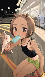 Rule 34 | 1girl, absurdres, animal, anus, bad id, bad twitter id, bangs pinned back, black camisole, blush, brown hair, building, camisole, car, convenience store, dog, food, green shorts, highres, holding, holding food, holding popsicle, leash, legs together, looking at viewer, masuda (yousaytwosin), motor vehicle, night, on railing, original, outdoors, parking lot, popsicle, railing, shiba inu, shop, short hair, short shorts, shorts, sign, sitting, solo