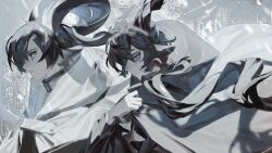 2boys animal_ears arknights black_hair black_shirt building chovy_(_chovy) cloak commentary_request ebenholz_(arknights) goat_boy goat_ears goat_horns grey_background high_collar highres hood hooded_cloak horns korean_commentary lessing_(arknights) long_hair making-of_available male_focus multiple_boys outdoors purple_eyes shirt short_hair upper_body white_cloak