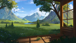 bird cabin cloud commission flock flower grass highres hill lake landscape mountain mountainous_horizon nature original painterly scenery sky tree window wopgnop