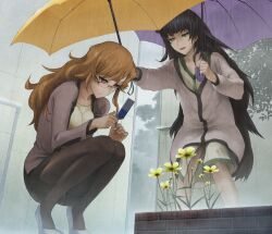 2girls black_pantyhose blonde_hair blouse blunt_bangs breasts cellphone clothing_request cloud cloudy_sky collar collarbone dress expressionless flat_chest flip_phone flower from_below game_cg glasses green_collar green_dress green_eyes green_hair green_trim grey_jacket grey_sky hair_between_eyes high_heels highres hiyajou_maho holding holding_phone holding_umbrella huke jacket jacket_over_dress jitome kiryuu_moeka leaf long_hair long_sleeves medium_breasts messy_hair miniskirt multiple_girls non-web_source office_lady official_art open_mouth outdoors pantyhose phone pink_eyes rain ringed_eyes shirt shoes skirt sky squatting steins;gate steins;gate_0 taking_picture thick_eyebrows tree umbrella v-shaped_eyebrows very_long_hair white_shirt white_shoes