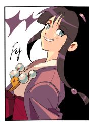 1girl absurdres ace_attorney beads black_hair blue_eyes character_name eyelashes grin hair_beads hair_ornament highres japanese_clothes kendy_(revolocities) long_hair long_sleeves magatama mia_fey smile solo upper_body