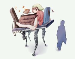 1boy 1girl basket bigdog blue_eyes bowl brown_hair cellphone character_request computer food fruit iphone looking_away monitor okayparium orange_(fruit) original phone real_life short_hair sitting smartphone speaker usb