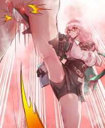 1boy 1girl armor bdsm bernin black_footwear black_gloves black_skirt breasts cbt censored closed_mouth crotch_kick dress_shirt expressionless gloves high-waist_skirt high_heels kicking large_breasts long_hair looking_at_another mosaic_censoring penis pink_eyes pink_hair ring_hair_ornament shirt shoulder_armor skirt solo_focus standing testicles tsukishiro_yanagi variant_set white_shirt zenless_zone_zero